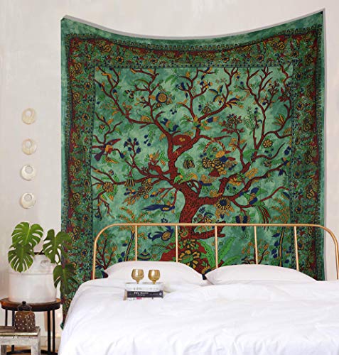 Green Tree of Life Tapestry Wall Hanging - 100% Cotton (85x90 Inch)