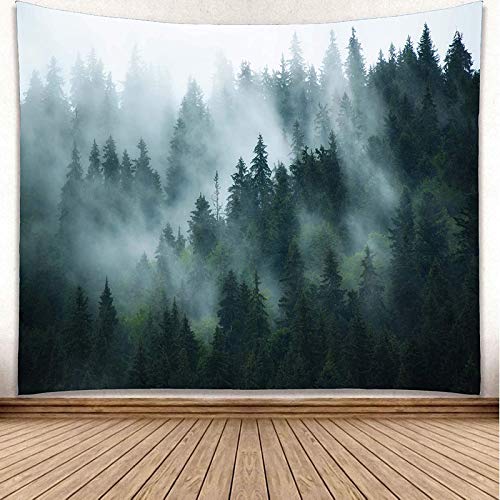 Green Foggy Forest Wall Tapestry - Misty Pine Woodland Decor (80" x 60")