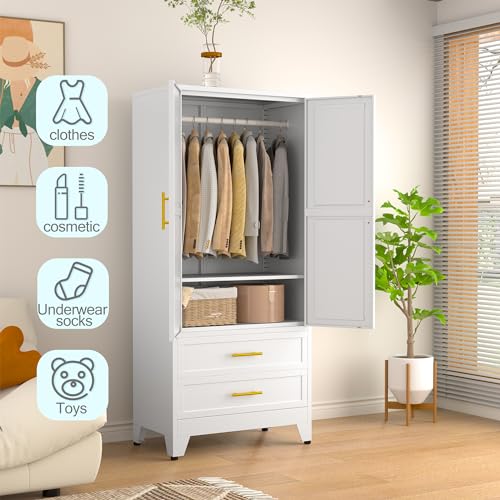 71-Inch Metal Wardrobe Closet with Hanging Rod, Adjustable Shelves and Drawers