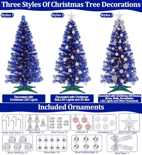 TURNMEON Blue 4 Ft Lighted Artificial Christmas Tree with Warm White Lights & Ornaments