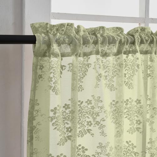 Sage Green Vintage Lace Curtains - 36 Inch Length, Set of 2