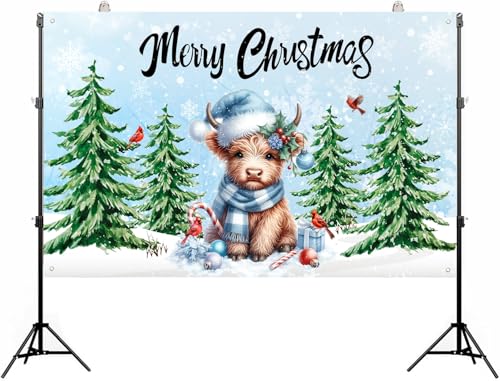 Nezfor Christmas Banner 44x72in Highland Cow Pine Tree Decor for Parties