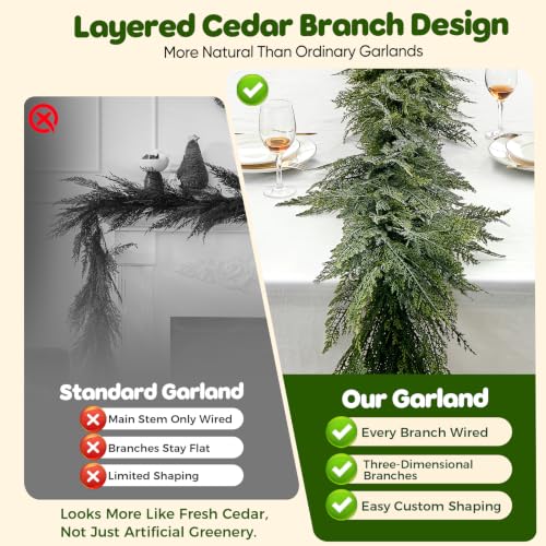 9FT FAJUNZH Extra Full Layered Cedar Garland 9FT-1PC Soft-Touch Greenery