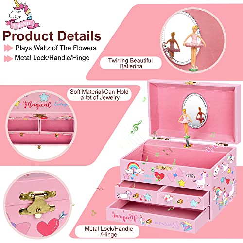 Unicorn Musical Jewelry Box with 3 Drawers and Jewelry Set for Girls
