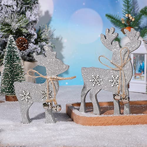 Sanwuta 2-Piece Reindeer Tabletop Decor – Wooden Elk Figurines with Silver Bell (Mother & Calf)