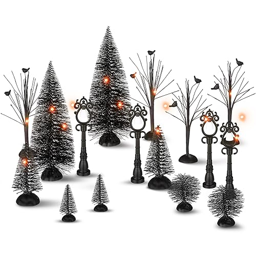 17-Piece Halloween Village Accessory Set with LED String Lights & Trees