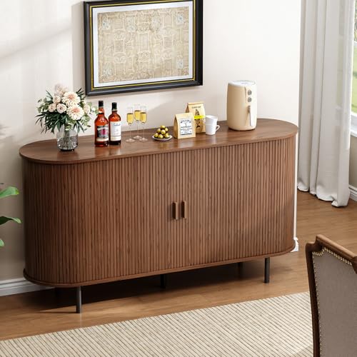 55" Fluted Buffet Sideboard with Sliding Door and Adjustable Shelf, Walnut