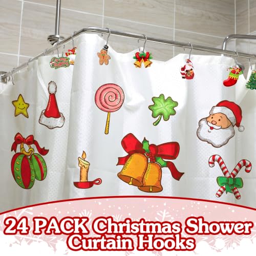 Christmas Shower Curtain Hooks 24 Sets (48 Pieces) Wood & Metal Xmas Ring Clips