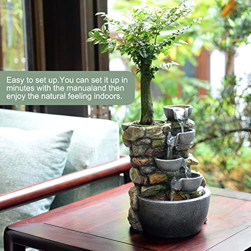 Indoor Tabletop Fountain with LED Light & Planter Pot - Rockery Waterfall