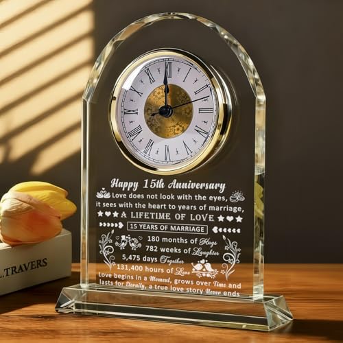 15th Wedding Anniversary Glass Clock Gift for Couples