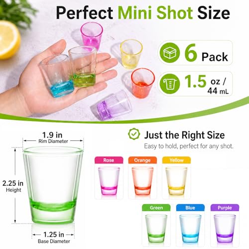 Colorful 6 Pack Shot Glass Set 1.5 oz Heavy Base for Vodka Whiskey Tequila