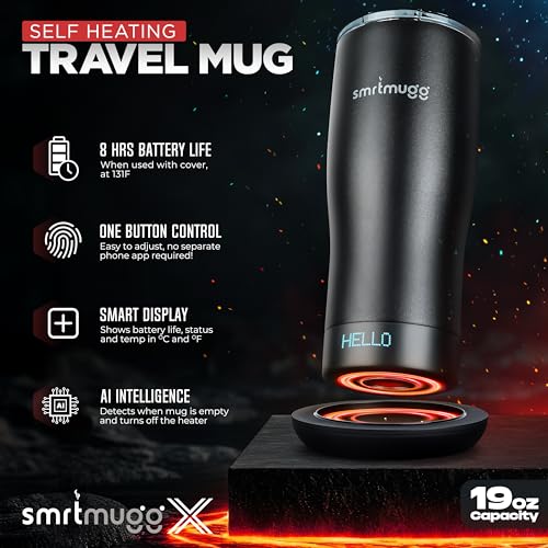 SmrtMugg X Heated Coffee Mug 19oz Black with LCD Screen & 8-Hour Battery