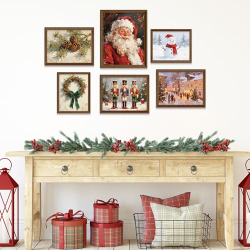 Whaline 10Pcs Vintage Christmas Wall Art Prints – Santa, Snowman & Reindeer Unframed