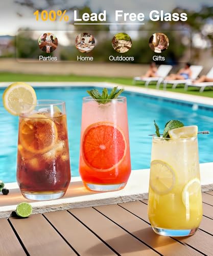 16oz Drinking Glasses Set of 8 - Lead-Free Crystal Tall Water Glassware, Durable & Stackable