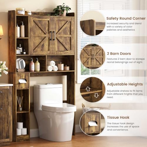 Over The Toilet Storage Cabinet with Barn Doors, Rustic Bathroom Rack
