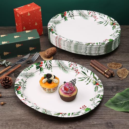 Christmas Flower Oval Paper Plates 12x10 inch Heavy Duty Holiday Party Supplies