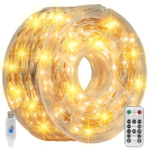 Dazzle Bright Fairy Lights 66 ft 200 LED USB Power, 8 Modes, IP44 Waterproof with Remote – Warm White