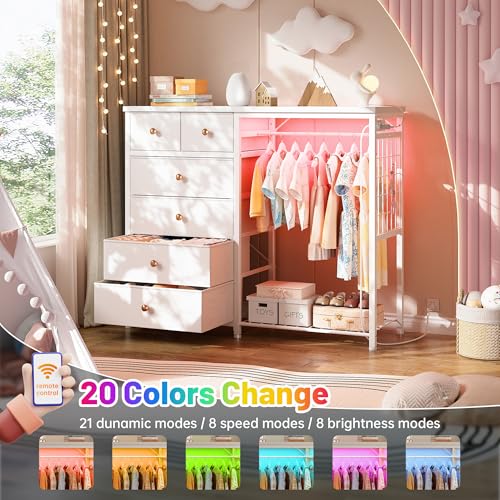 49-Inch Dresser with Hanging Rack, 6 Drawers, LED Lights & Charging Station