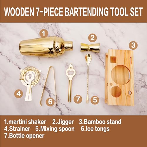 JNWINOG Gold Cocktail Shaker Set 7-Piece Bartending Kit, 18.6oz Professional Bar Tools
