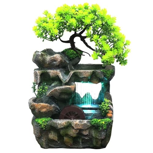 Indoor Tabletop Waterfall Fountain with LED Lights - Resin Desk Water Feature