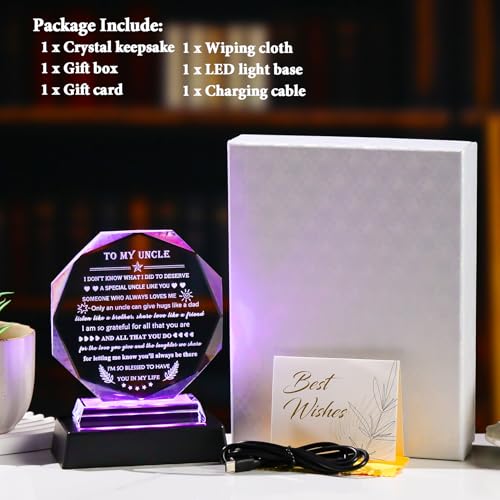 Uncle Gifts Crystal Keepsake with LED Base - Colorful Light, From Niece Nephew (Style 2) - Father’s Day Birthday