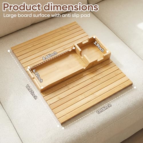 Bamboo Couch Arm Tray Table with Cup Holder, Foldable Sofa Armrest Tray