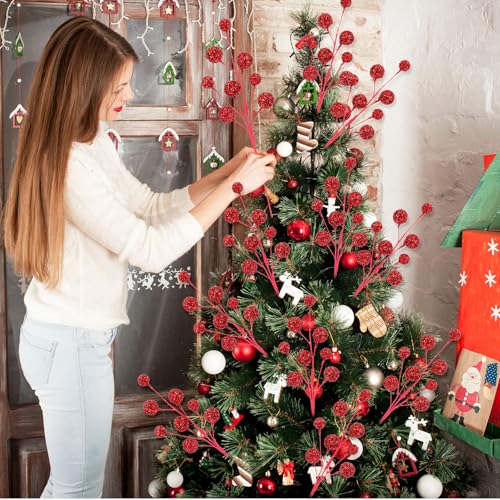 Suncalla 10pcs Christmas Glitter Berry Stems 19.7in Red - Holiday Tree & Decor