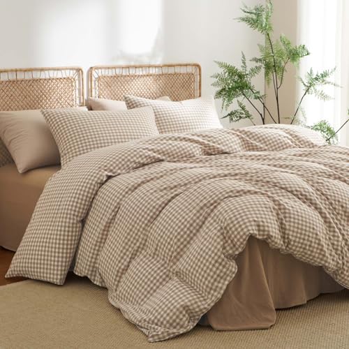 Queen Cotton Gingham Duvet Cover Set - Brown Tan Plaid Bedding with Ties