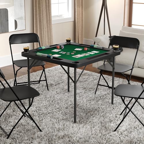34.5-Inch Folding Card Table with Cup Holders and Green Felt Surface