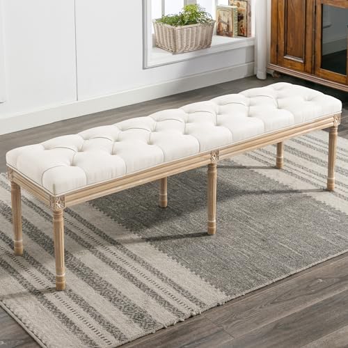 60-Inch Upholstered Tufted Bedroom Bench with Carved Wooden Legs, Beige