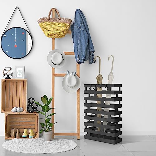 Modern Metal Umbrella Stand for Entryway with Water Tray and Hooks, Black