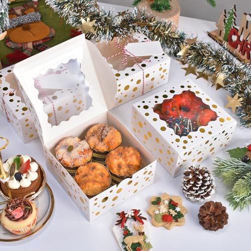 DOYIDE 32Pcs 6x6x3 Inch Christmas Cookie Boxes with Window White Gold - 32 Pack