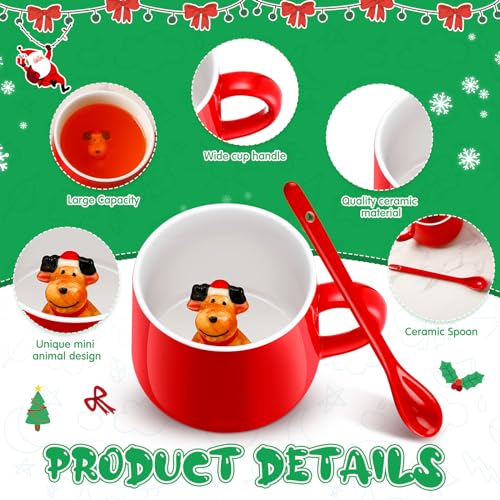 Cute Style Christmas Animal Coffee Mug Set, 13.5 oz with Spoons, 4-Piece