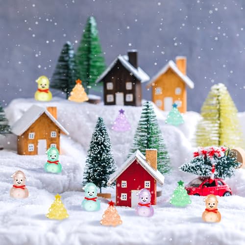 96 Pcs Luminous Mini Christmas Tree & Snowman Figurines Set – Glow in the Dark Resin DIY Holiday Decor