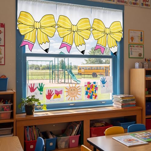 6-Piece Pencil Pattern Classroom Curtains with Bows - 24 x 28 Inch Velvet