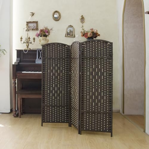 PawlaBay Dark Brown 3-Panel Short Rattan Room Divider, 47.2-Inch Privacy Screen for Home & Office