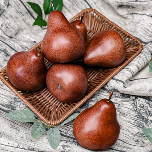 6 Pcs Artificial Brown Pears - Lifelike Faux Fruit for Home Decor