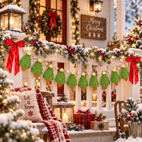 2 Pcs 6.7ft Crochet Christmas Tree Garland - Rustic Wood Bead Banner, LFUTARI