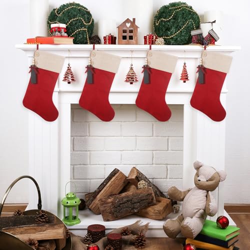 Red Burlap Christmas Stockings Set of 5 - Personalized 19.5 Inch Holiday Decor