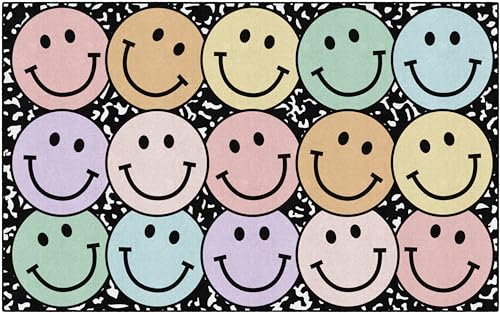 Pastel Rainbow Smiley Face Classroom Area Rug, 7'6" x 12' Kids Play Carpet