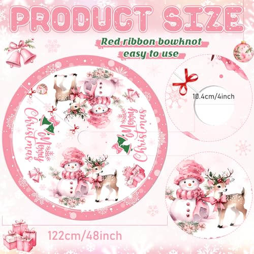 48 Inch Pink Christmas Tree Skirt with Snowman Design - Holiday Decor