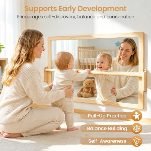 Montessori Baby Mirror with Adjustable Pull Up Bar, 38.2 x 23.6 Inch