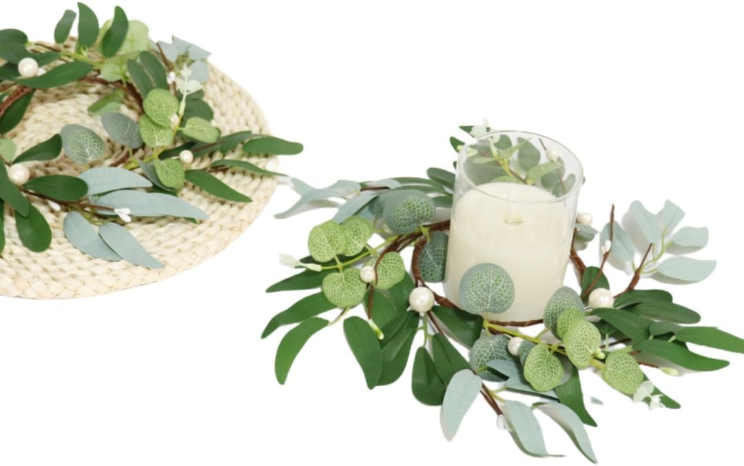 Skiennix 4-Inch Greenery Candle Rings - Artificial Eucalyptus Wreaths with Pearl Berries for Home Decor | 2 Pack