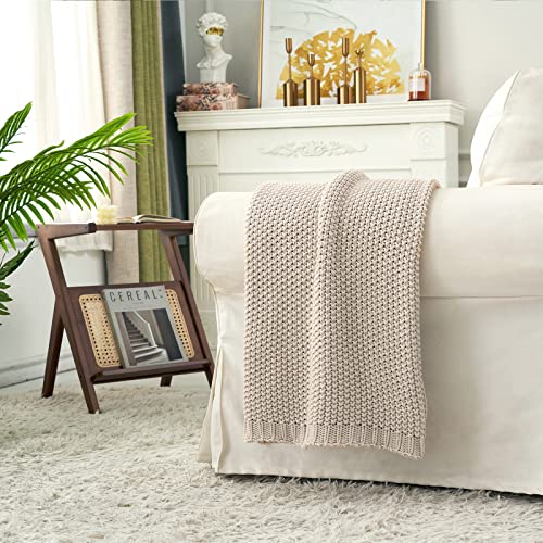 Chunky Cable Knit Throw Blanket, 100% Organic Cotton, 51" x 63", Beige