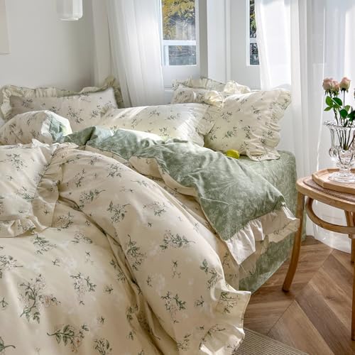 Reversible Sage Green Floral Duvet Cover Set - 100% Cotton Queen Bedding with Ruffle Lace