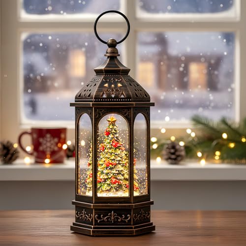 10.5-Inch Musical Christmas Tree Snow Globe Lantern with Cardinals