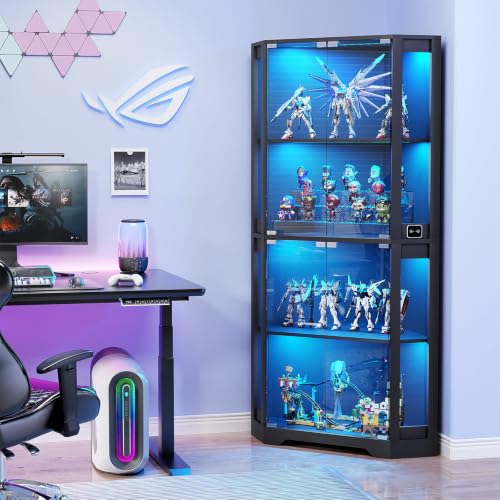 65-Inch Corner Curio Cabinet with LED Lights and Motion Sensor, 4-Tier
