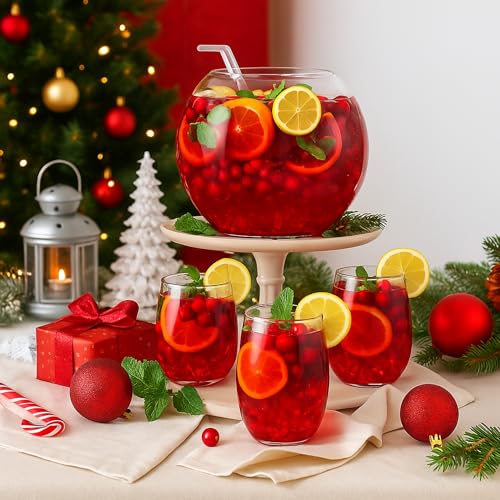 Reallnaive Glass Punch Bowl Set with 6 Cups and Ladle for Parties & Gatherings
