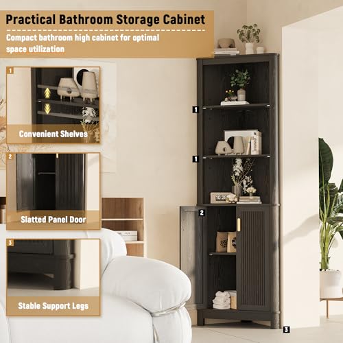 69-Inch Tall Corner Storage Cabinet with Fluted Doors and Shelves