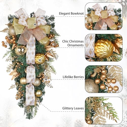 27.5-Inch Artificial Christmas Teardrop Swag with Gold Ornaments and Bow
